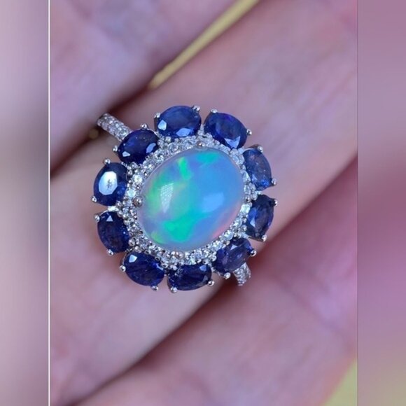 925 Sterling Silver Ring with Natural White Opal 8x10mm & Sapphire Gems - Picture 3 of 15